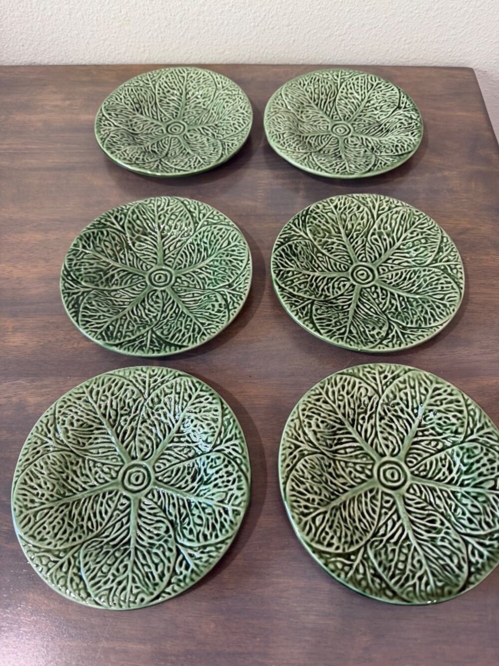 Set of 6 Green Cabbage Leaf Bread and Butter Plates Unmarked Majolica 6.5"